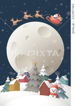 3D miniature model of Winter Wonderland in Christmas eve have Santa Claus riding sleigh flying over the moon vertical template graphic illustration. 132567363