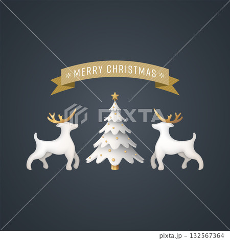 MERRY CHRISTMAS calligraphy in gold ribbon with Christmas tree and both of reindeer dolls on black square background. Christmas emblem luxury style. MERRY CHRISTMAS calligraphy in gold ribbon with Christmas tree and both of reindeer dolls on black square background. Christmas emblem luxury style. 132567364