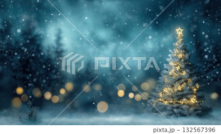 A glowing Christmas tree stands in falling snow, created AI 132567396