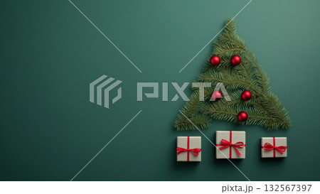 Green background with fir branches shaped as a tree, created AI 132567397