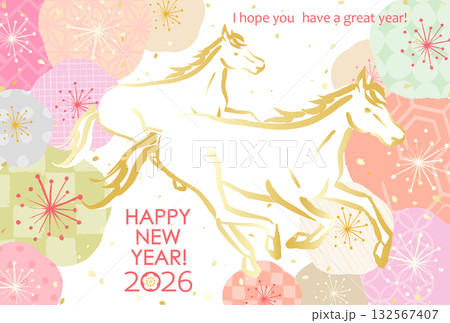 日本の新年のベクターイラスト 2026年 いろいろな和柄の梅の花と馬 日本の新年のベクターイラスト 2026年 いろいろな和柄の梅の花と馬 132567407