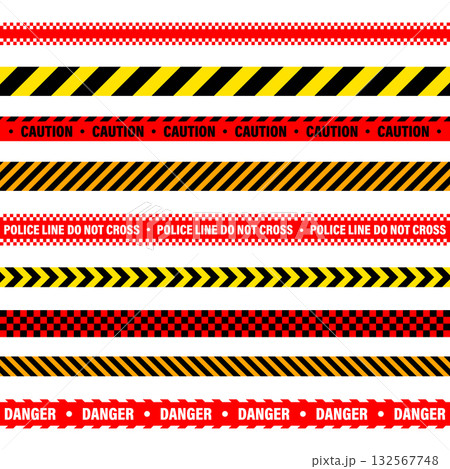Barricade construction tape. Colorful police warning line, brightly colored danger or hazard stripe, ribbon. Restricted area, zone. Attention symbol. Vector illustration 132567748