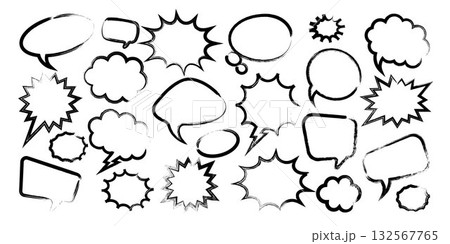 Grunge comic speech bubbles with brush strokes, ink smudges, acrylic stains or charcoal streaks. Hand drawn retro cartoon stickers. Chatting, message box. Vector illustration 132567765