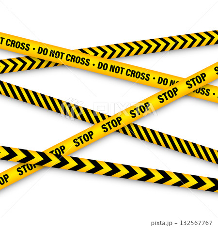 Barricade construction tape. Colorful police warning line, brightly colored danger or hazard stripe, ribbon. Restricted area, zone. Attention symbol. Vector illustration Barricade construction tape. Colorful police warning line, brightly colored danger or hazard stripe, ribbon. Restricted area, zone. Attention symbol. Vector illustration 132567767