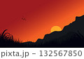 Dramatic sunset or sunrise landscape silhouette with bright sun, mountains, flying birds, and grass. Warm and fiery colors. Minimalist vector illustration 132567850