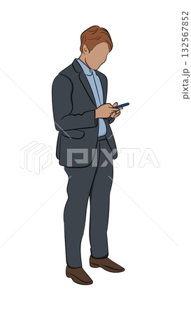 Businessman in a dark suit using smartphone, isolated vector illustration on white background 132567852