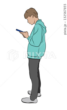Outline vector illustration of one man standing and looking intently at his smartphone. Concept of mobile technology and digital focus Outline vector illustration of one man standing and looking intently at his smartphone. Concept of mobile technology and digital focus 132567855
