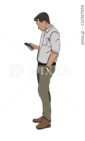 A man standing and looking at a smartphone in flat vector style, isolated on white background 132567856