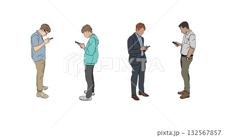 Group of Men standing and looking at smartphones, representing digital lifestyle and modern communication in everyday life Group of Men standing and looking at smartphones, representing digital lifestyle and modern communication in everyday life 132567857