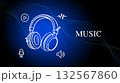 White line art headphone with sound icons and the word MUSIC on blue gradient background, representing audio, melody, and digital sound technology 132567860