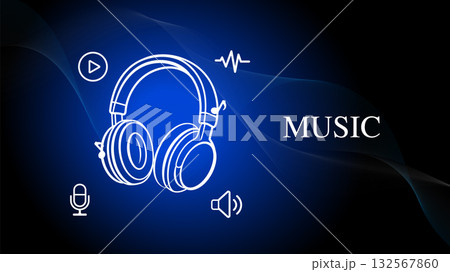White line art headphone with sound icons and the word MUSIC on blue gradient background, representing audio, melody, and digital sound technology 132567860