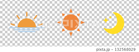 Simple icons representing morning, noon, and night (sunrise, sun, moon) Simple icons representing morning, noon, and night (sunrise, sun, moon) 132568029