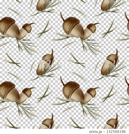 Cheerful acorns with spruce needles and a tiny twig in seamless pattern with soft watercolor washes and textured colored pencils hatching.For autumn,nature-inspired themes,childrens textile 132568196