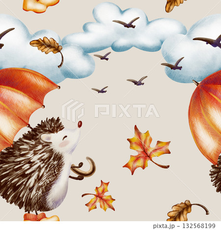 Autumn seamless pattern-Fluffy hedgehog with an orange umbrella and in yellow rubber boots standing on its hind legs and looks at the birds soaring away into the clouds.Watercolor and colored pencils Autumn seamless pattern-Fluffy hedgehog with an orange umbrella and in yellow rubber boots standing on its hind legs and looks at the birds soaring away into the clouds.Watercolor and colored pencils 132568199