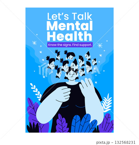 Mental health awareness poster showing identity confusion and support message in hand-drawn flat style 132568231