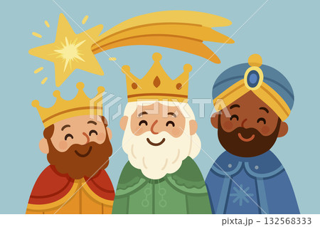 Three Kings Day. Three cute smiling kings and flying star, symbolizing Christian Epiphany Three Kings Day. Three cute smiling kings and flying star, symbolizing Christian Epiphany 132568333