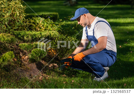 Gardener planting new flowers in soil during landscaping work 132568537