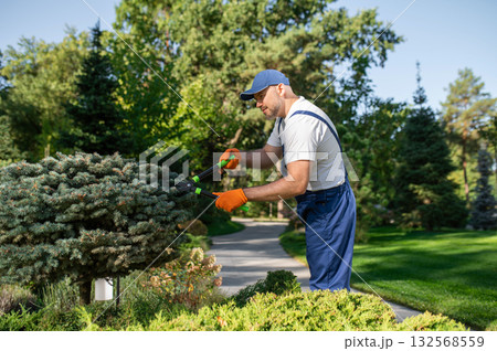 Landscaping maintenance worker performing garden care Landscaping maintenance worker performing garden care 132568559