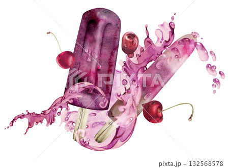 Cherry berry layered ice lolly popsicle stick, fruit juice splashes, waves and droplets. Isolated illustration hand drawn in watercolor. Kid-friendly art, candy print, treat branding, fun label. 132568578