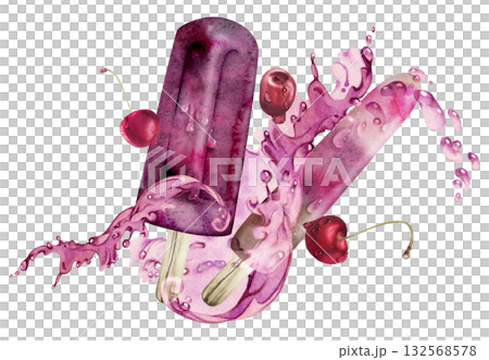 Cherry berry layered ice lolly popsicle stick, fruit juice splashes, waves and droplets. Isolated illustration hand drawn in watercolor. Kid-friendly art, candy print, treat branding, fun label. 132568578