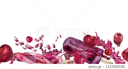 Cherry ice lolly popsicle in fruit juice splash and berry storm, waves and drops. Isolated seamless banner border header hand drawn in watercolor. Ice cream flavors card, product label, snack design. 132568580