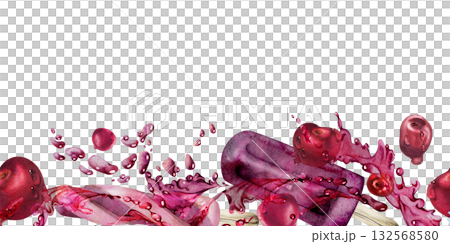 Cherry ice lolly popsicle in fruit juice splash and berry storm, waves and drops. Isolated seamless banner border header hand drawn in watercolor. Ice cream flavors card, product label, snack design. 132568580
