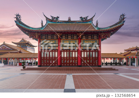 Chin Swee Caves Temple, Genting Highlands, Malaysia. Ornate traditional Chinese temple at sunset. 132568654