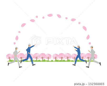 桜の下を走る作業服の人々　新年度やチームワークのイメージ 132568803