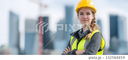 Young woman construction worker wearing safety gear with city skyline in background 132568859