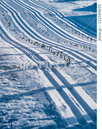 Ski tracks stretch across a snowy landscape under a bright sun. The clear blue sky enhances the beauty of the winter scene, inviting outdoor enthusiasts to enjoy the activity. Ski tracks stretch across a snowy landscape under a bright sun. The clear blue sky enhances the beauty of the winter scene, inviting outdoor enthusiasts to enjoy the activity. 132569020