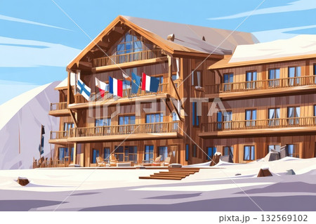 Cozy wooden chalet with flags, surrounded by snow-covered mountains and clear blue sky 132569102