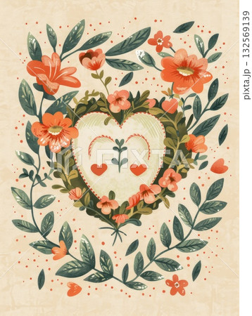 Floral heart illustration with vibrant flowers and leaves on a textured background 132569139