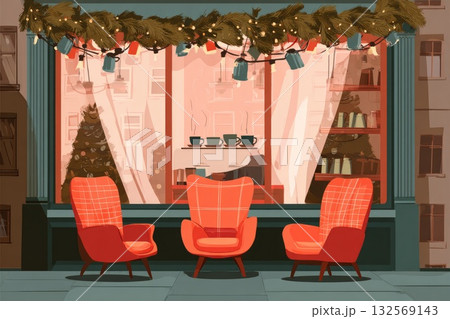 Cozy cafe window with festive decorations and three orange armchairs inviting relaxation 132569143