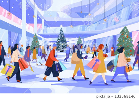 Colorful illustration of busy shopping mall during festive season with holiday decorations and shoppers Colorful illustration of busy shopping mall during festive season with holiday decorations and shoppers 132569146