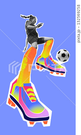 Modern artwork. Female athlete controlling soccer ball with oversized colorful cleats on blue background Modern artwork. Female athlete controlling soccer ball with oversized colorful cleats on blue background 132569258