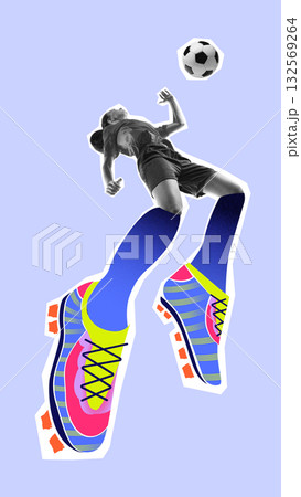 Bright poster. Female footballer jumping toward ball wearing bright cleats on violet background Bright poster. Female footballer jumping toward ball wearing bright cleats on violet background 132569264
