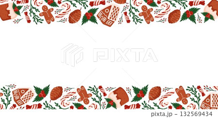 Festive border frame with gingerbread cookie, candy cane, pine cone, holly and Christmas cake on a white background in flat style. Design for holiday celebration card and bakery seasonal wallpaper. 132569434