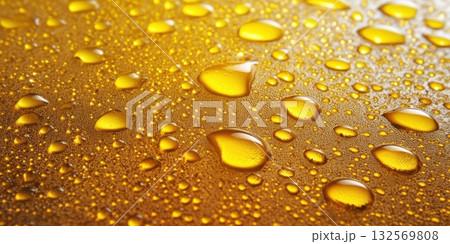 Golden water droplets glistening on textured surface reflecting light in a detailed macro. Golden water droplets glistening on textured surface reflecting light in a detailed macro. 132569808