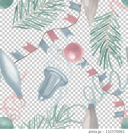 Watercolor hand drawn seamless pattern of Christmas toys balls, spruce branch, streamer tape and garland. For invitations, cards, posters, seasonal decor, winter poster, New year wrapping paper Watercolor hand drawn seamless pattern of Christmas toys balls, spruce branch, streamer tape and garland. For invitations, cards, posters, seasonal decor, winter poster, New year wrapping paper 132570061