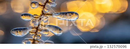 Frozen Winter Branch Icy Crystals Nature Golden Bokeh Background Stunning Detailed Macro Photography 132570096