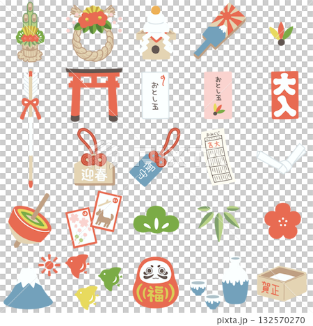 ゆるいテイストのお正月アイテムセット：主線なし・カラー 132570270