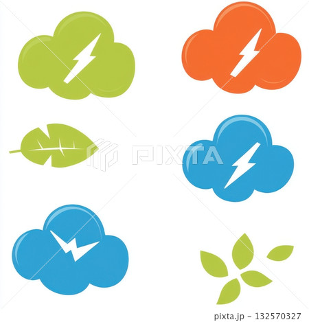 Colorful clouds with lightning bolts and leaves arranged on a white background in a flat design 132570327