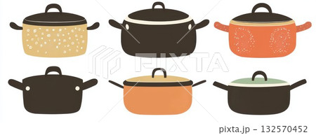Collection of six colorful cooking pots with lids and handles isolated on a white background 132570452