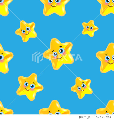 Cute smiling stars pattern. Vector background for baby and kids design. Sweet Cartoon Stars with Funny Faces. Yellow Happy Stars on a Blue Background. 132570663