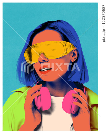 Bold colorful poster. Stylish woman with yellow visor and pink headphones in retro futurism portrait aesthetic 132570687