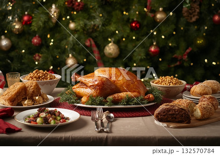 Christmas meal with a golden brown baked turkey, a variety of salads, cakes and assortment of freshly baked 132570784
