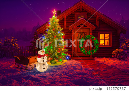 An illuminated wooden house, Christmas tree, small sledge and snowman on the snowy ground in the night. 132570787