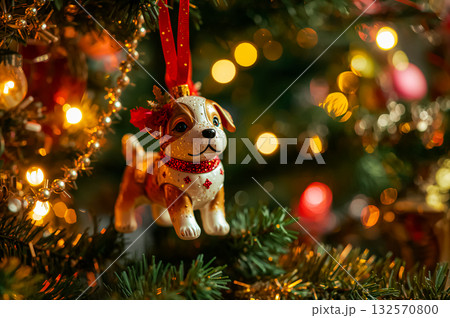 Closeup of Christmas dog ornament on Illuminated Christmas tree with yellow bokeh. Closeup of Christmas dog ornament on Illuminated Christmas tree with yellow bokeh. 132570800