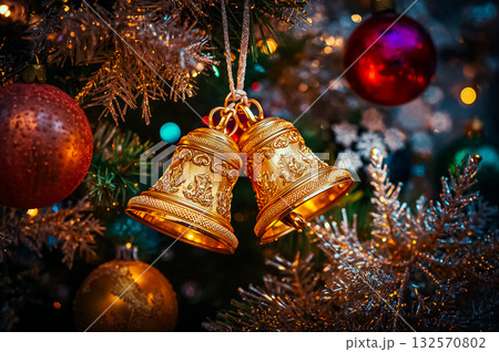 Closeup of beautiful gold Christmas bells with illuminated Christmas tree and colorful ornaments.. Closeup of beautiful gold Christmas bells with illuminated Christmas tree and colorful ornaments.. 132570802