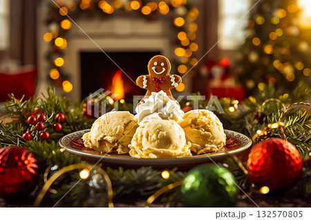 Closeup scoops of vanilla ice cream topped with whipped cream and a gingerbread man, surrounded by festive christmas decorations. Closeup scoops of vanilla ice cream topped with whipped cream and a gingerbread man, surrounded by festive christmas decorations. 132570805